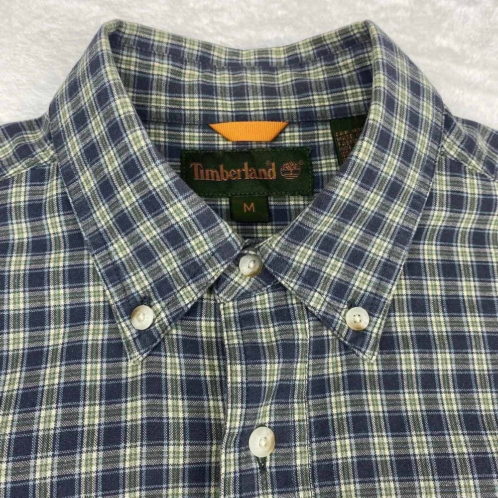 Timberland Men's Medium Blue‎ Green Plaid Button-Down Shirt Long Sleeve